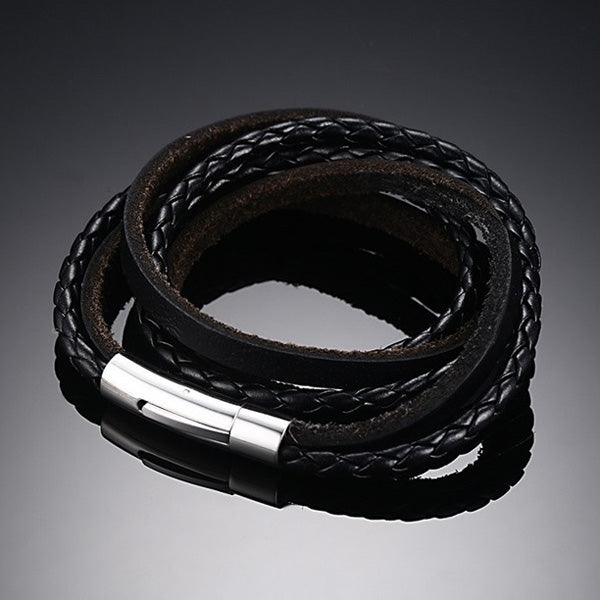 Mens Engraved Leather Wrap Bracelet Black