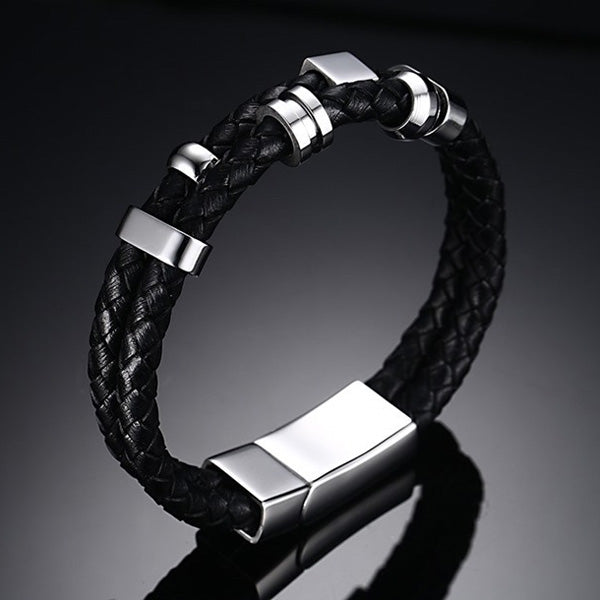 Personalized Leather Mens Wrap Bracelet Black