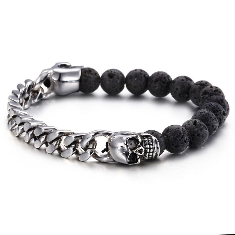 Skull Volcanic Beads Mens Bracelet 18.5cm