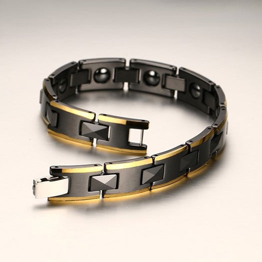 Engraved Mens Magnetic Bracelet Ceramic Stainless Steel Black