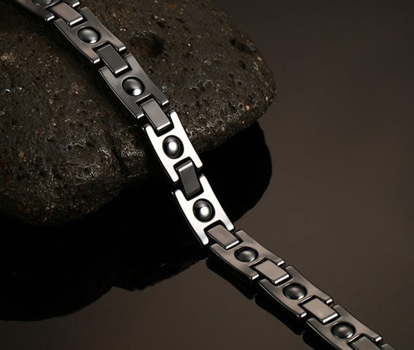 Engraved Mens Magnetic Bracelet Ceramic Stainless Steel Black