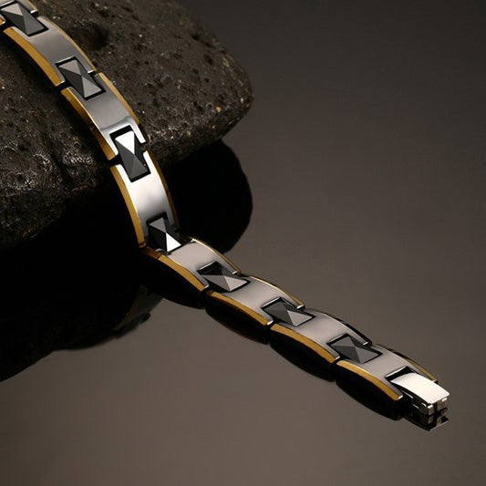 Engraved Mens Magnetic Bracelet Ceramic Stainless Steel Black