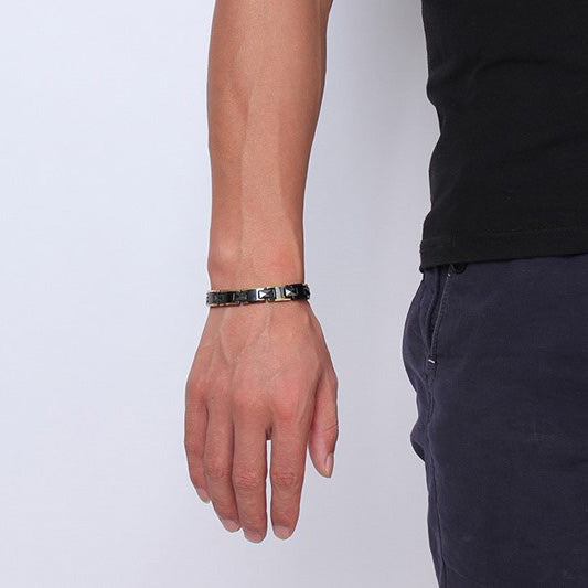 Engraved Mens Magnetic Bracelet Ceramic Stainless Steel Black