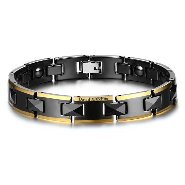 Engraved Mens Magnetic Bracelet Ceramic Stainless Steel Black