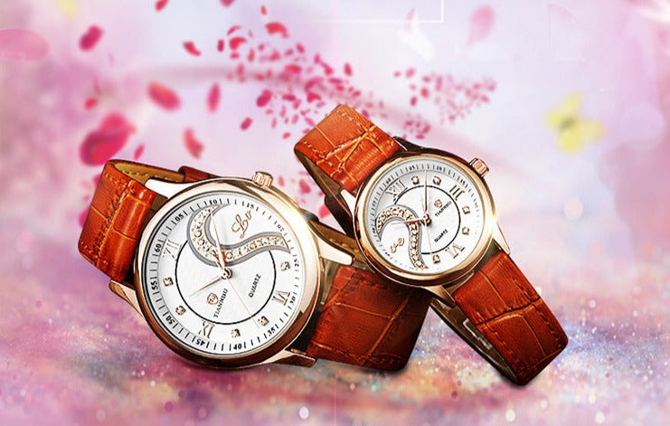Matching Half Hearts Couple Watch Gift Set - Stainless Steel, Leather Band, Japanese Movement