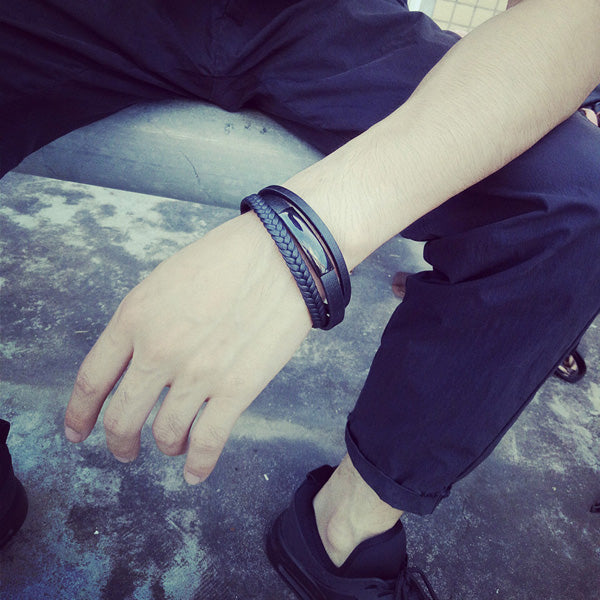 Customized Leather Wrap Mens Bracelet Gift Black