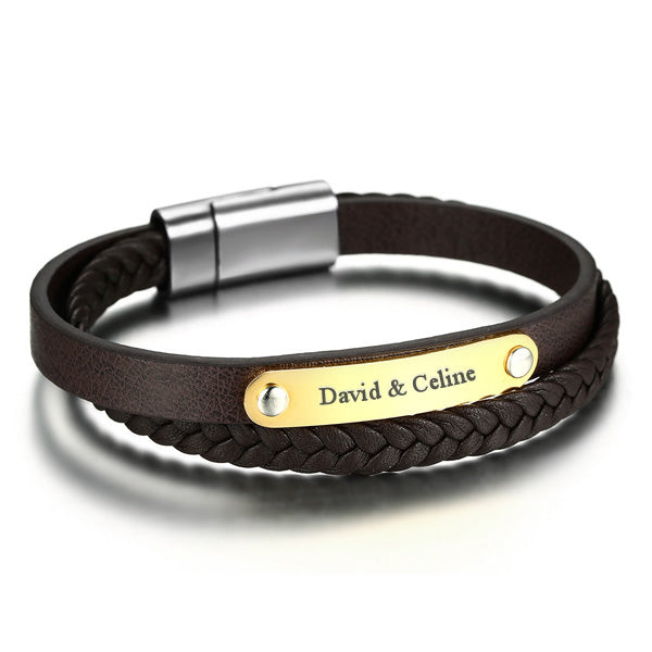 Customized Leather Wrap Mens Love Bracelet Brown
