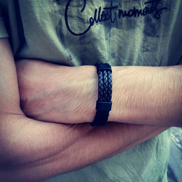 PU Leather Wrap Custom Mens Bracelet Black