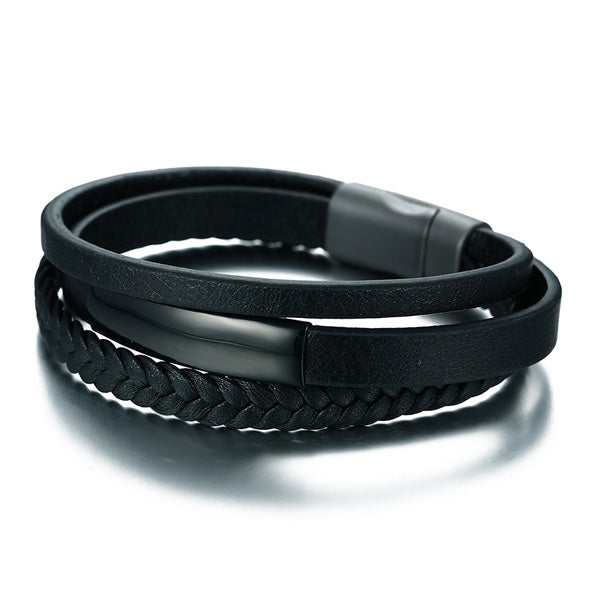 Customized Leather Wrap Mens Bracelet Gift Black