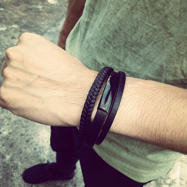 Customized Leather Wrap Mens Bracelet Gift Black
