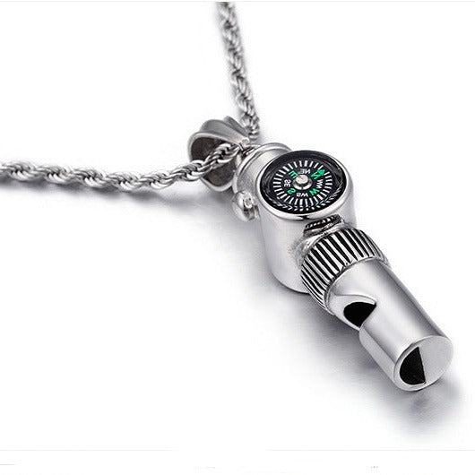 Engravable Whistle Compass Mens Pendant Necklace