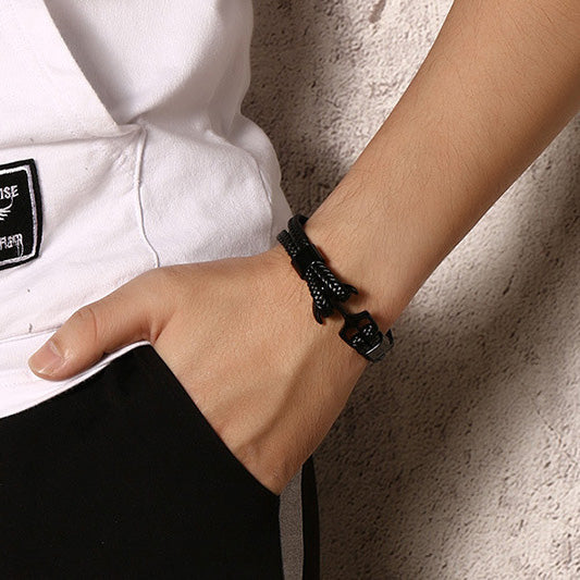 Anchor Engraved Mens Wrap Bracelet Black Steel