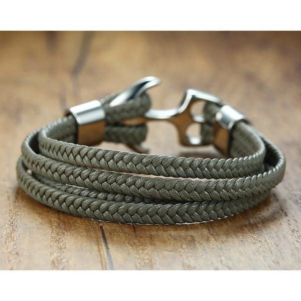 Anchor Engraved Mens Wrap Bracelet Black Steel