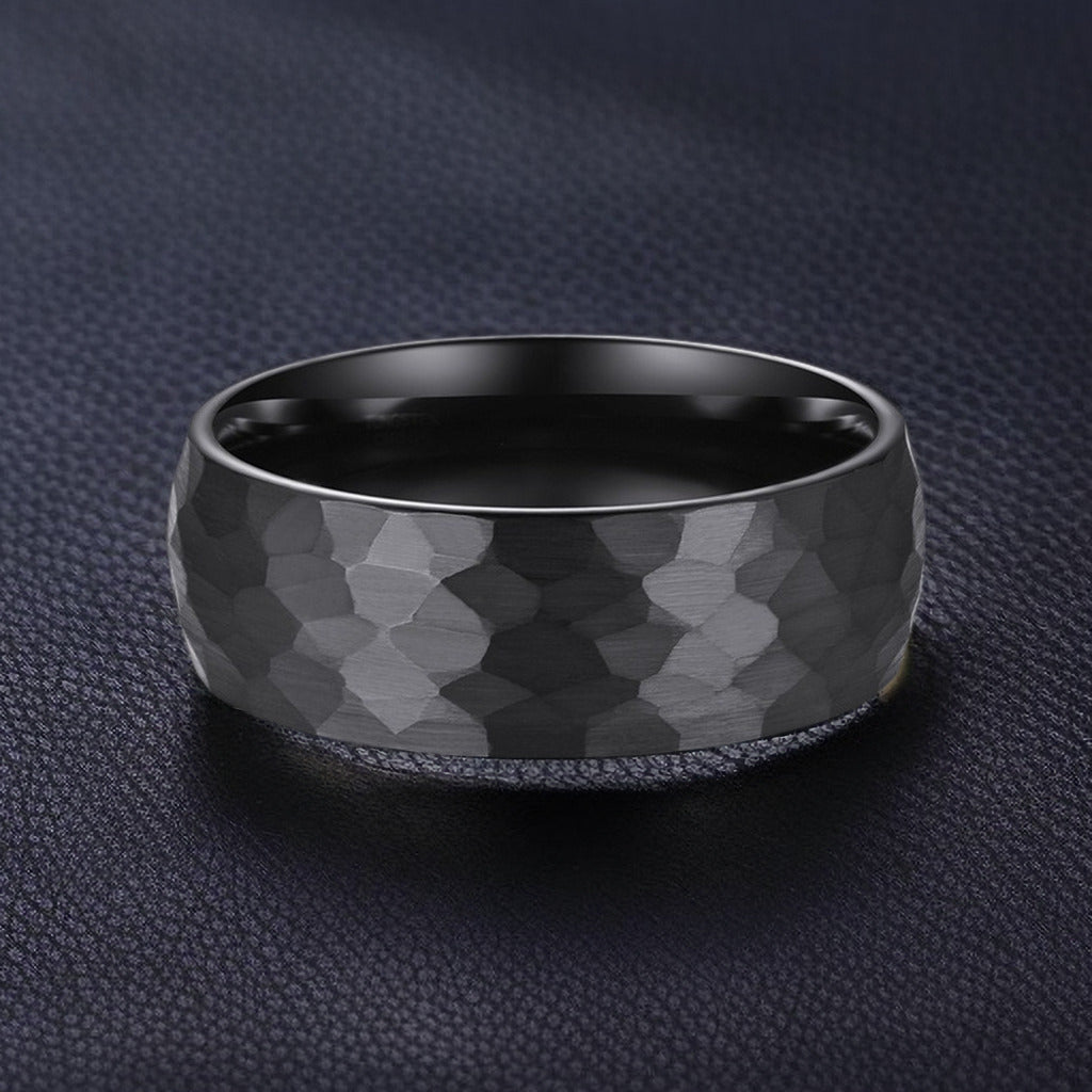 Engraved Hammered Mens Ring Black Tungsten 8mm