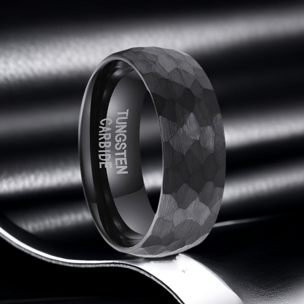 Engraved Hammered Mens Ring Black Tungsten 8mm