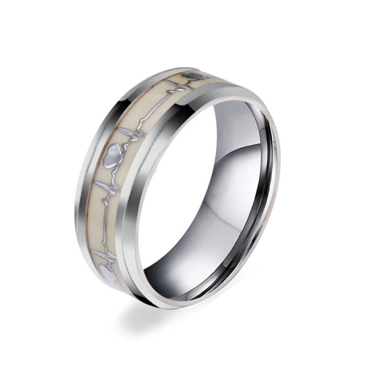 Night Glowing Heartbeat Mens Ring with Engraving