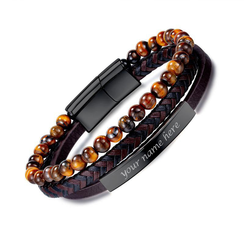 Engravable Multilayered Mens Bracelet Tiger-eye Stone