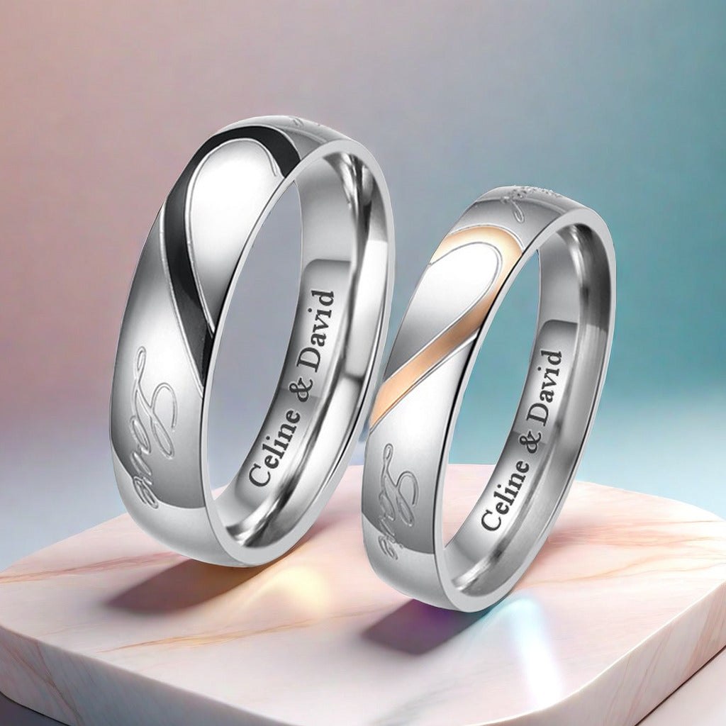 Custom Engraved Matching Half Heart Promise Couples Rings