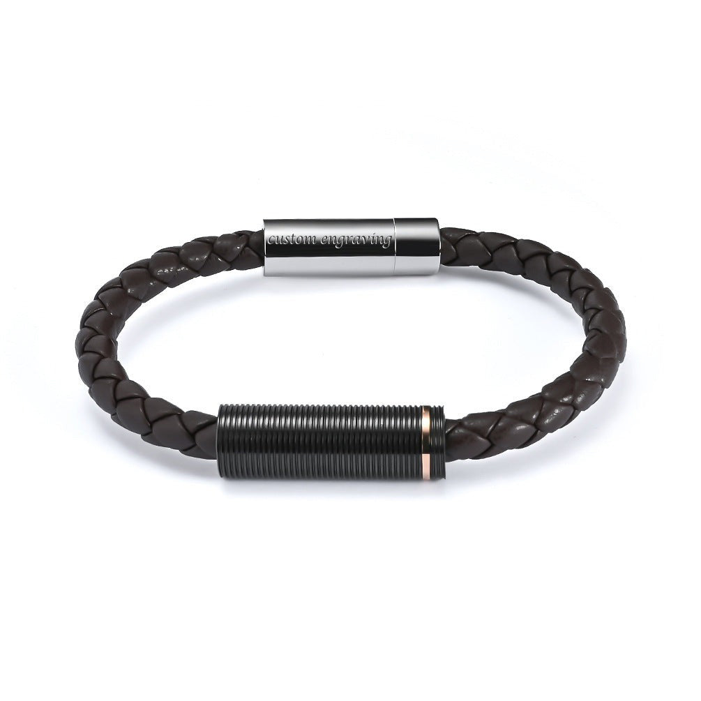 Custom Engraved Mens Magnetic Bracelets Black Leather 8.5 Inches