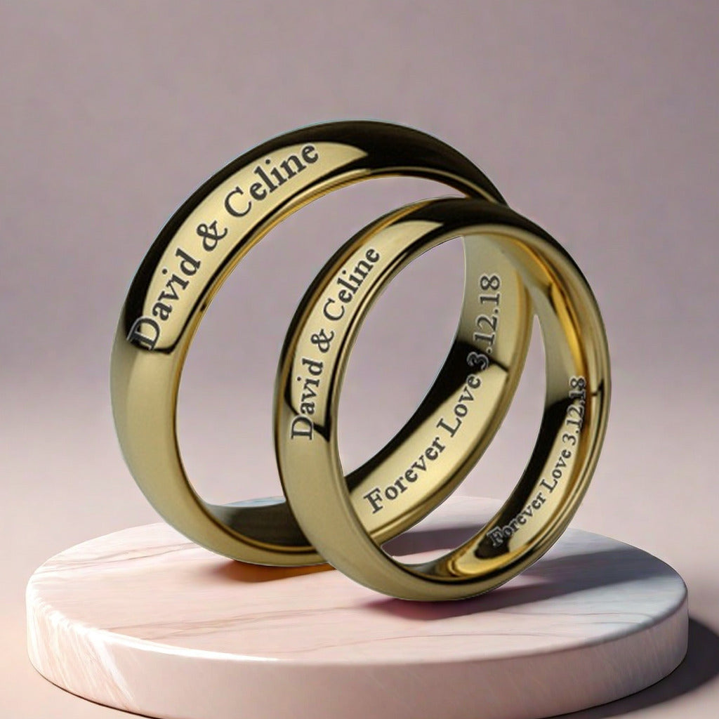 Personalized Gold Couple Rings - Engraved Tungsten Wedding Bands