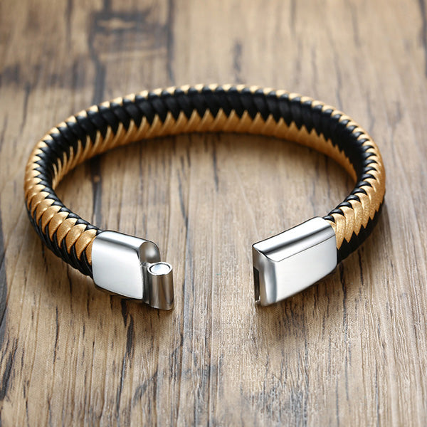 Mens Engraved Leather Wrap Bracelet Gold