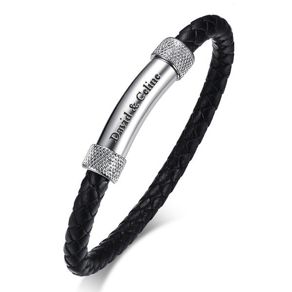 Engraved Braided Leather Promise Mens Bracelet