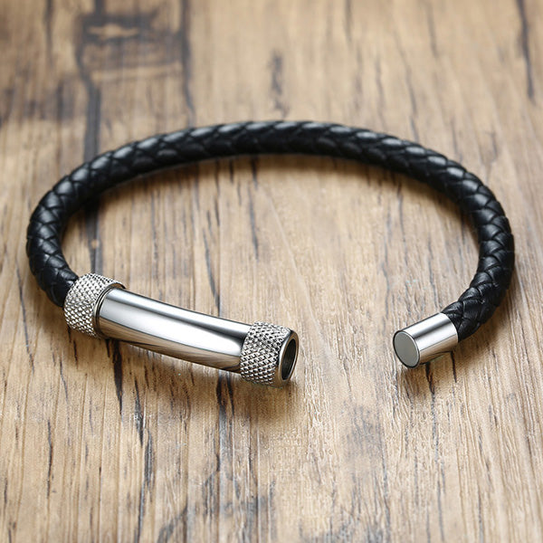 Engraved Braided Leather Promise Mens Bracelet