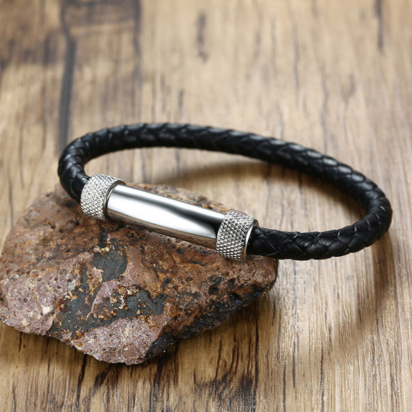Engraved Braided Leather Promise Mens Bracelet