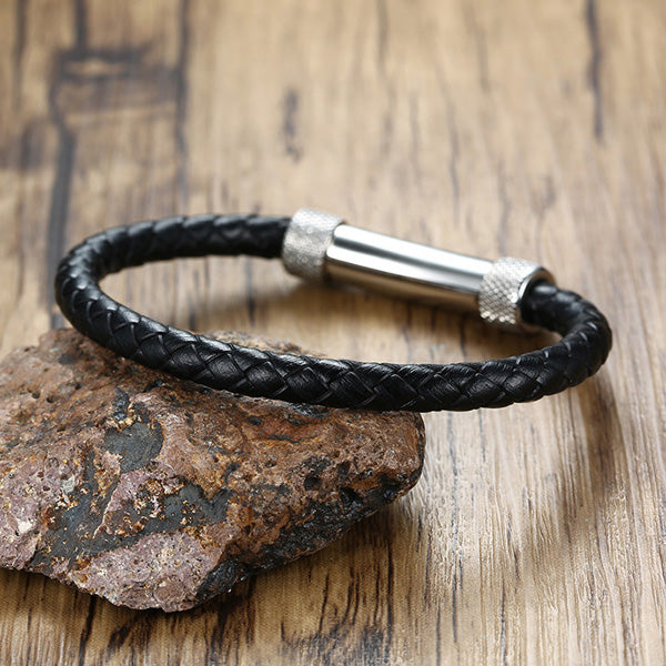 Engraved Braided Leather Promise Mens Bracelet
