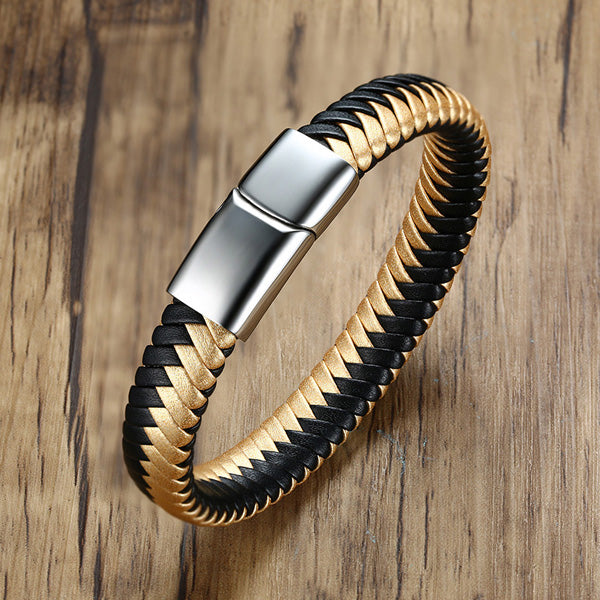 Mens Engraved Leather Wrap Bracelet Gold