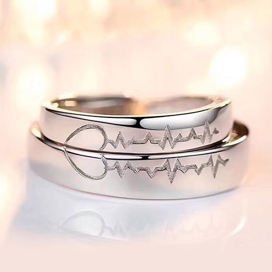 Engraved Heartbeat Adjustable Size Wedding Rings