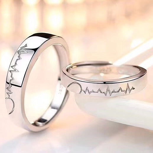 Engraved Heartbeat Adjustable Size Wedding Rings
