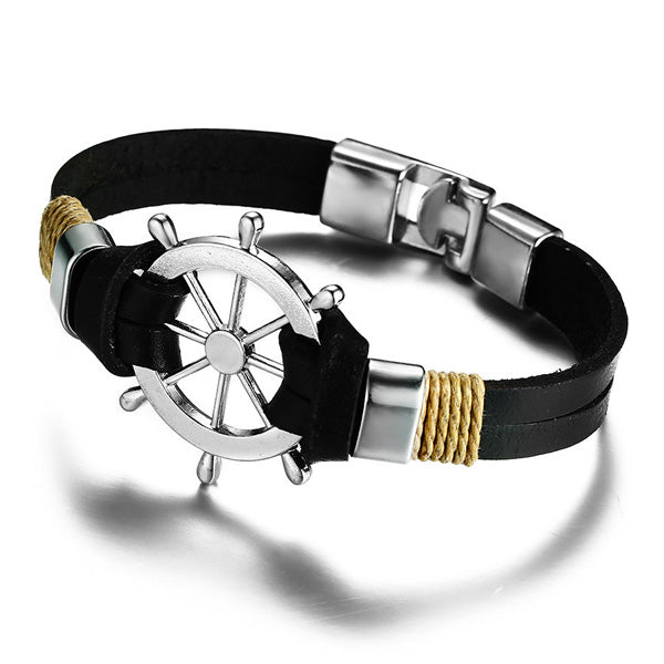 Engraved Rudder Leather Wrap Bracelet for Him