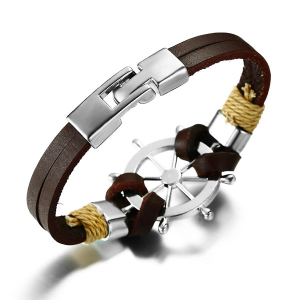 Engraved Rudder Leather Wrap Bracelet for Him