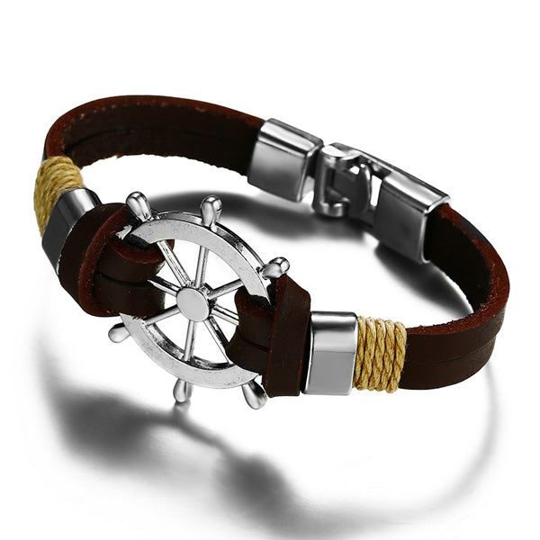 Engraved Rudder Leather Wrap Bracelet for Him