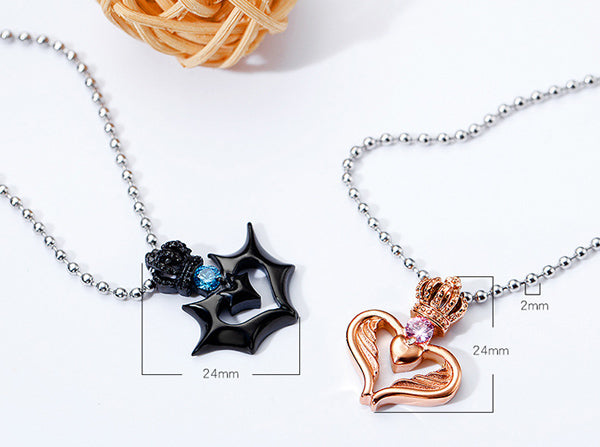 Matching Hearts King Queen Crowns Couples Necklaces