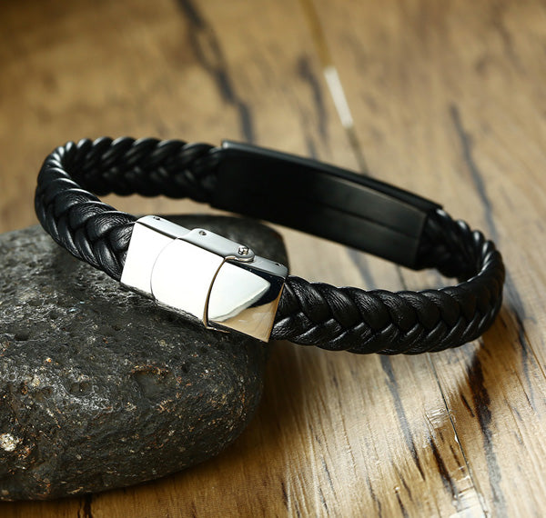 Personalized Leather Mens Bracelet Rhinestones Black