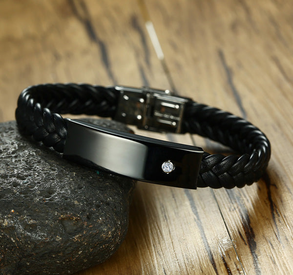 Personalized Leather Mens Bracelet Rhinestones Black
