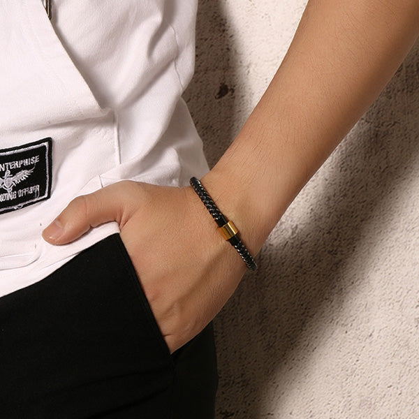 Engraved Leather Bracelet for Guys Black