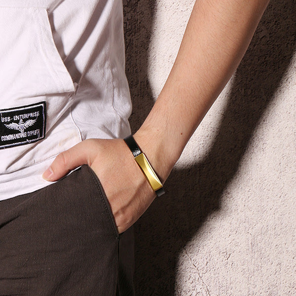 Personalized Love Leather Bracelet for Men Stainless Steel Gold