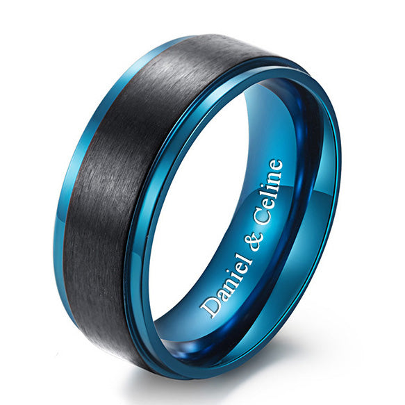 Personalized Mens Promise Ring 8mm Black Blue Titanium