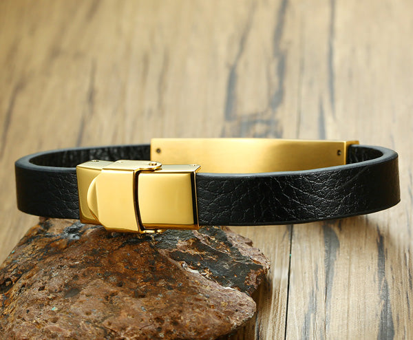 Personalized Love Leather Bracelet for Men Stainless Steel Gold