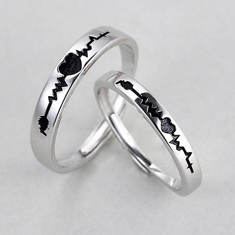 Heartbeat Adjustable Silver Rings with Names Engraved