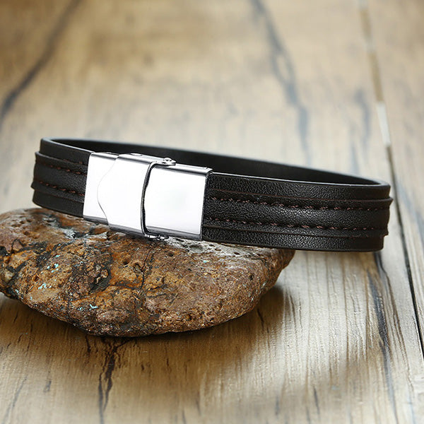 Engraved Leather Bracelet for Him Stainless Steel Black