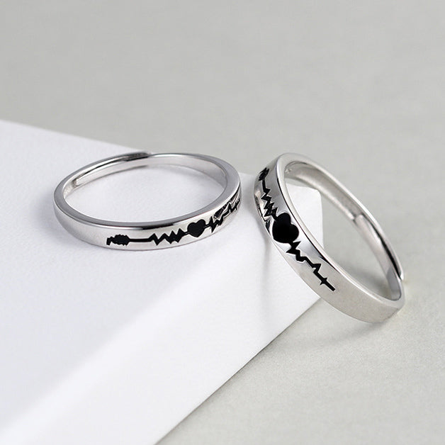 Heartbeat Adjustable Silver Rings with Names Engraved