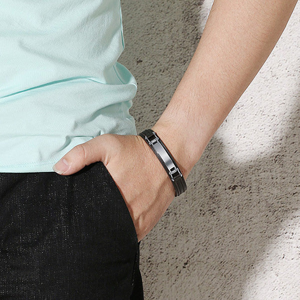 Engraved Leather Bracelet for Him Stainless Steel Black