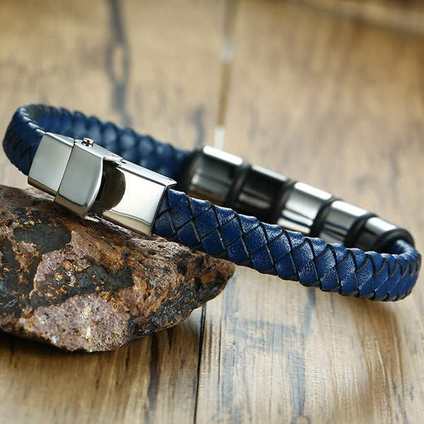 Engraved Braided Leather Rhinestone Mens Bracelet