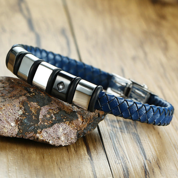 Engraved Braided Leather Rhinestone Mens Bracelet
