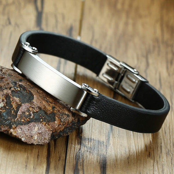 Engraved Leather Bracelet for Him Black