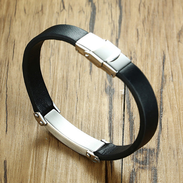 Engraved Leather Bracelet for Him Black
